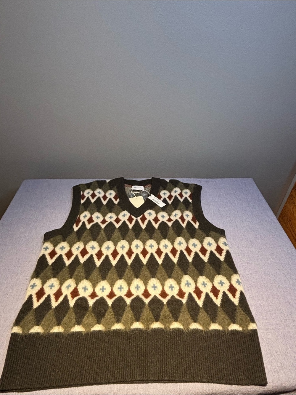 Norse Projects for J Crew Merino Blend Olive and Cream Argyle V-Neck Sweater